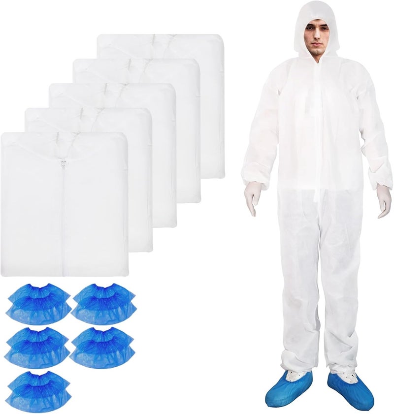 ETERNA Hazmat Suits- 5 Pack Disposable Protective Coveralls with Hood, Zipper, Elastic Wrists, Shoe Covers for Men & Women, Shield from Dirt, Dust, Paint (White, Large) - Image 1